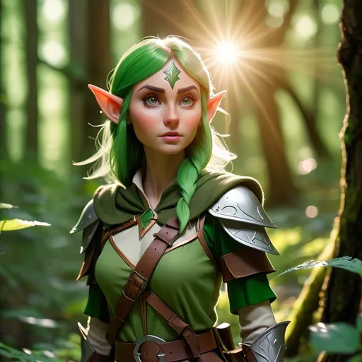 Prompt: Elf ranger in a mystical forest around sunlight