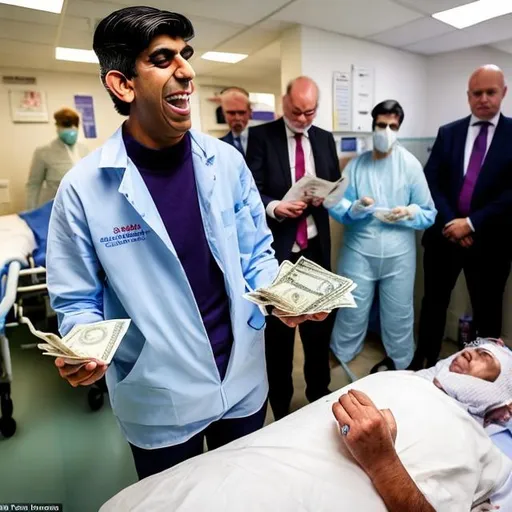 Prompt: rishi sunak laughing at dead patients and doctors at an NHS hospital while flaunting his cash in the faces of the deceased. The rest of the UK tory cabinet are also present at the scene, showing disrespect to the ill patients, defecating near them, flaunting cash, laughing, all in all being horrible. 