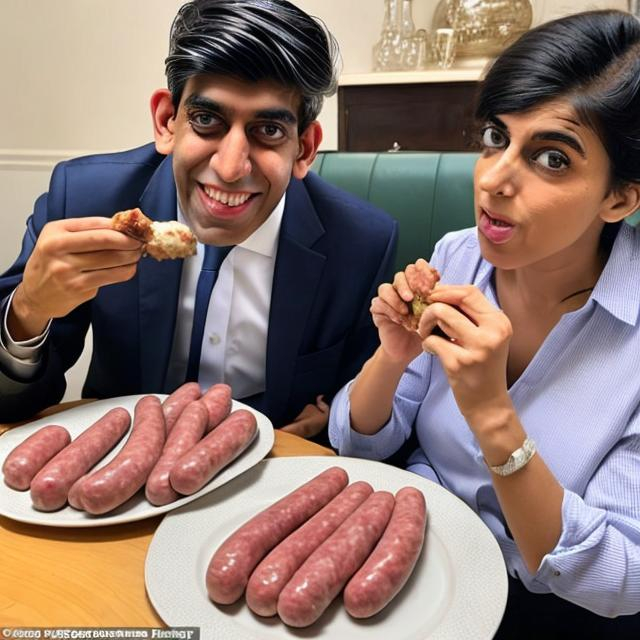 Prompt: rishi sunak, the prime minister of the UK, is a disabled child and he is with his midget wife eating their week's ration of sausages, scoffing them down