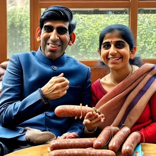 Prompt: Disabled child Prime Minister Rishi Sunak, midget wife, enjoying sausages, cozy indoor setting, caricature portrait, humorous, exaggerated features, comical style, warm and inviting lighting