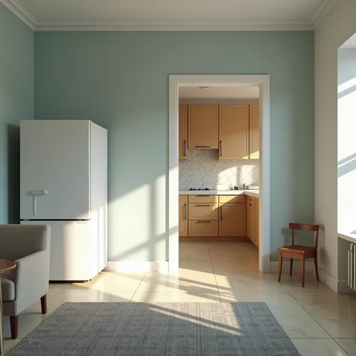 Prompt: The room presents a cozy living space bathed in soft, warm lighting that highlights a pale blue wall, creating a calming atmosphere. On one side, a large white refrigerator stands beside a small dining table with a single upholstered chair, suggesting a compact yet functional kitchen area. A doorway leads into a well-lit kitchen, where light reflects off the glossy tiles, showcasing light wooden cabinetry and a patterned backsplash, hinting at a modern design. A textured gray rug sprawls across the tiled floor, adding comfort and warmth to the space, while shadows stretch into the corners, enhancing the sense of intimacy within the room. This setting embodies a blend of simplicity and style, inviting relaxation and homely comfort. design a clean kitchen area with a counter bar