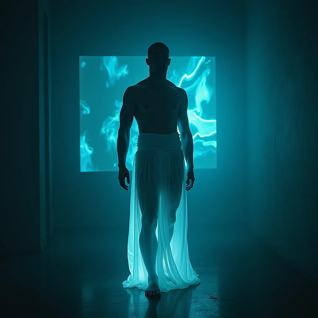 Prompt: In a dimly lit, high-tech room filled with holographic projections, capture a mysterious and captivating image of a man dressed only in a shimmering satin sheet, illuminated by soft rim lighting from behind. The scene is influenced by the works of Makoto Shinkai and Moebius, creating a Cyberpunk-style holographic image that captures the enigmatic allure of the mysterious figure standing tall amidst the darkness. Experiment with different parameters to achieve the desired result while keeping in mind the specified composition, camera settings, lighting, and environment.