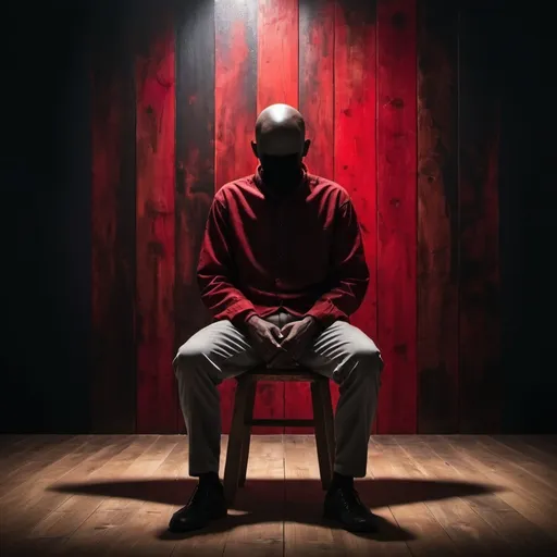 Prompt: A faceless man sitting cross legged in a wooden chair with a black and red mixed mysterious background.