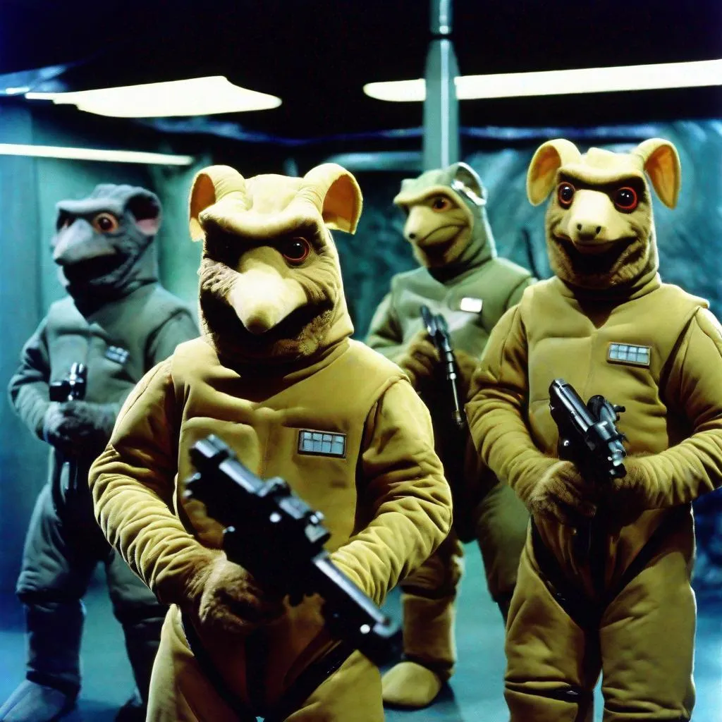 Prompt: 35mm color film still from a 1980 science fiction television series, group of animals given cyber-suits that let them talk and handle weapons. Jim Henson