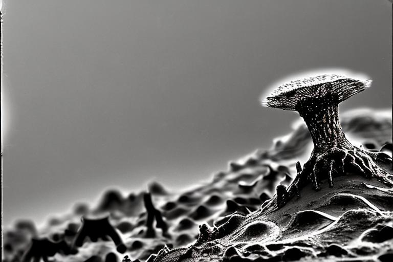 Prompt: beautiful microscopic scientific photo of Kaiju lumbering across across an atmospheric muddy battlefield field of covered in intricate dark fungi mycel strings black and white 