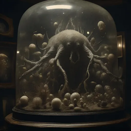 Prompt: highly detailed tintype photo of a surreal giant being surrounded by cellular life floating in a heavy atmosphere in A VICTORIAN TAXIDERMY TABLEAU under a glass dome, chiaroscuro, 8k UHD, extreme detail, 16:9, photorealistic, ultrasharp detail, HD