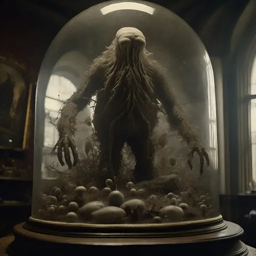 Prompt: highly detailed tintype photo of a surreal giant being surrounded by cellular life floating in a heavy atmosphere in A VICTORIAN TAXIDERMY TABLEAU under a glass dome, chiaroscuro, 8k UHD, extreme detail, 16:9, photorealistic, ultrasharp detail, HD