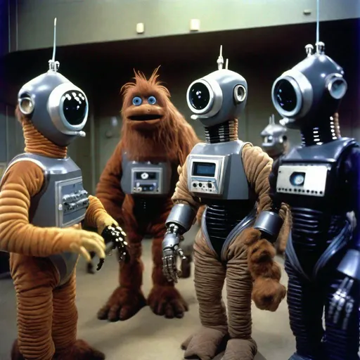 Prompt: 35mm color film still from a 1980 science fiction television series, a group of animals given robotic suits that let them talk and handle weapons. Jim Henson