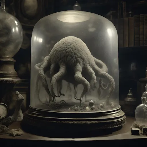 Prompt: highly detailed tintype photo of a surreal giant being surrounded by cellular life floating in a heavy atmosphere in A VICTORIAN TAXIDERMY TABLEAU under a glass dome, chiaroscuro, 8k UHD, extreme detail, 16:9, photorealistic, ultrasharp detail, HD
