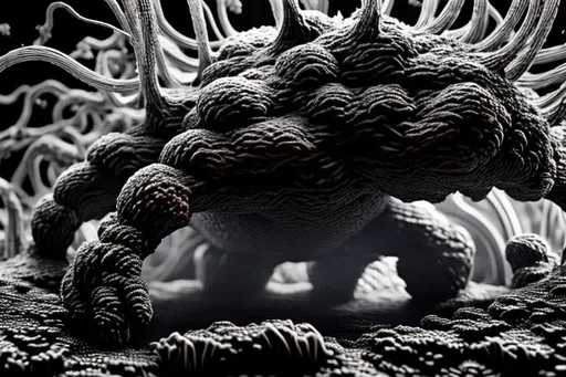 Prompt: beautiful microscopic scientific photo of Kaiju lumbering across across a hyper liminal field of covered in intricate dark fungi mycel strings extremely detailed high resolution black and white 