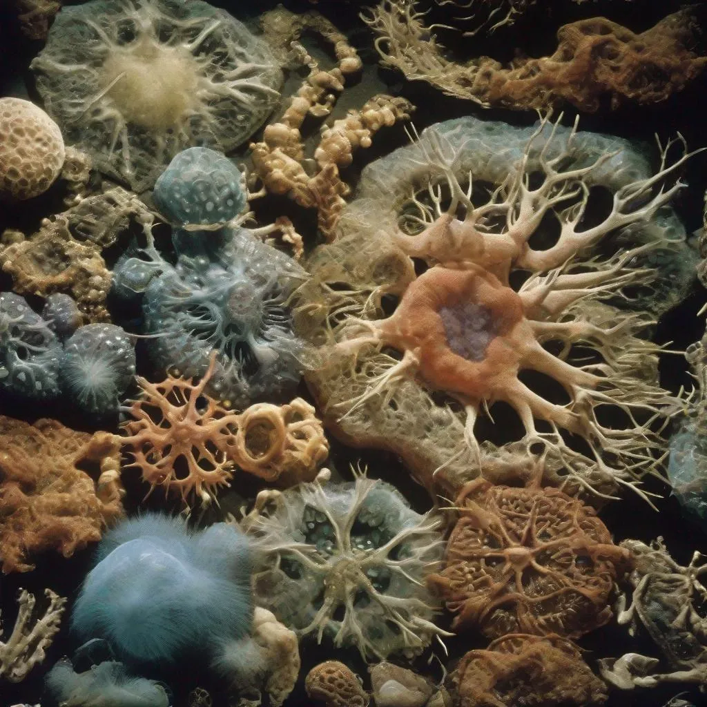 Prompt:  filmic movie still 35mm film color photograph of autochromatic photograph, victorian natural history museum exhibit of giant cellular organisms, photorealistic, ultra-detailed  , photorealistic, ultra-detailed 