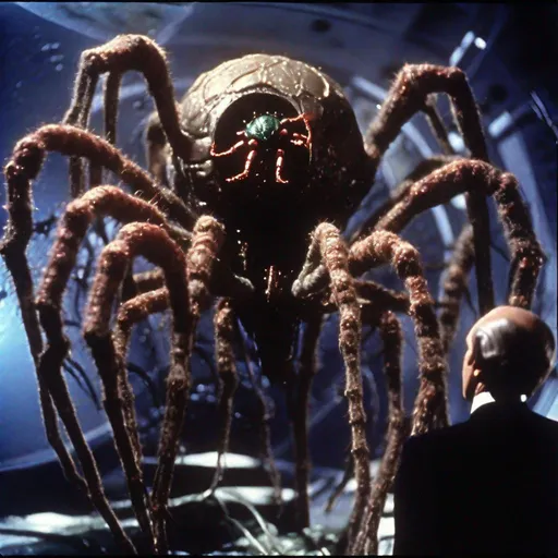 Prompt: 35mm color film still from a 1980 science fiction television series, On the planet Symbion, a genetic experiment gets out of control. The planet is soon transformed into a world with gigantic spiders with the inhabitants taking on insectoid appearances. Prince Dargon, the ruler of the peaceful Shining Realm of Prosperon, led his team against the forces of Empress Devora, ruler of the Dark Domain of Synax. Jim Henson