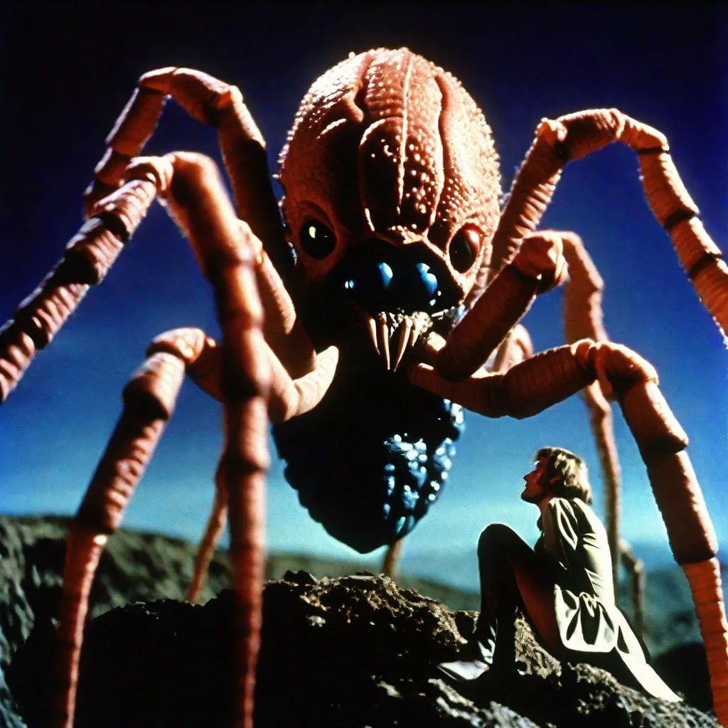 Prompt: 35mm color film still from a 1980 science fiction television series, On the planet Symbion, a genetic experiment gets out of control. The planet is soon transformed into a world with gigantic spiders with the inhabitants taking on insectoid appearances. Prince Dargon, the ruler of the peaceful Shining Realm of Prosperon, led his team against the forces of Empress Devora, ruler of the Dark Domain of Synax. Jim Henson