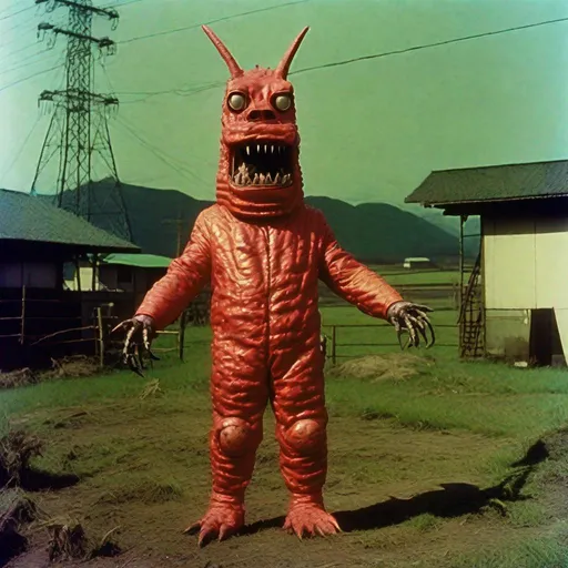 Prompt: 35mm color film still from a 1960 Japanese tokusatsu science fiction television series, farm animals who consumed radioactive materials mutating them into hyper-intelligent, anthropomorphic, Daikaiju, vibrant, TSUBURAYA style, directed by wes anderson and david cronenberg with art direction by zdzisław beksinski and dr. seuss