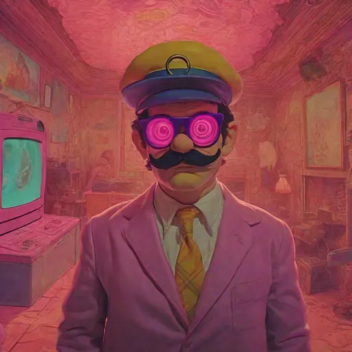 Prompt: Wario in a 1 9 6 0 s retro virtual utopia, psychological thriller film, annie leibovitz portrait photography, psychedelic cosmic horror, horror, wes anderson scene, wes anderson cinematography, atmospheric haze, film still, 1 6 mm cinematography. james jean