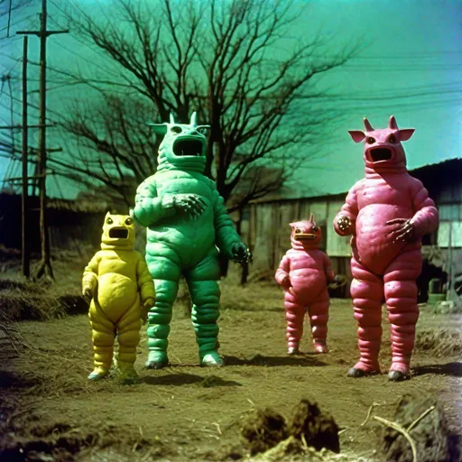 Prompt: 35mm color film still from a 1960 Japanese tokusatsu science fiction television series, farm animals who consumed radioactive materials mutating them into hyper-intelligent, anthropomorphic, Daikaiju, vibrant, TSUBURAYA style, directed by wes anderson and david cronenberg with art direction by zdzisław beksinski and dr. seuss