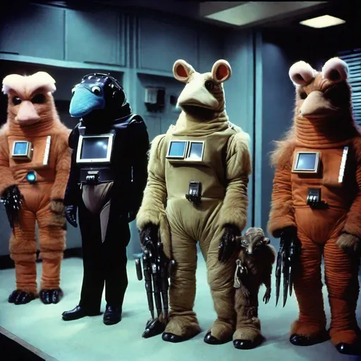 Prompt: 35mm color film still from a 1980 science fiction television series, group of animals given cyber-suits that let them talk and handle weapons. Jim Henson