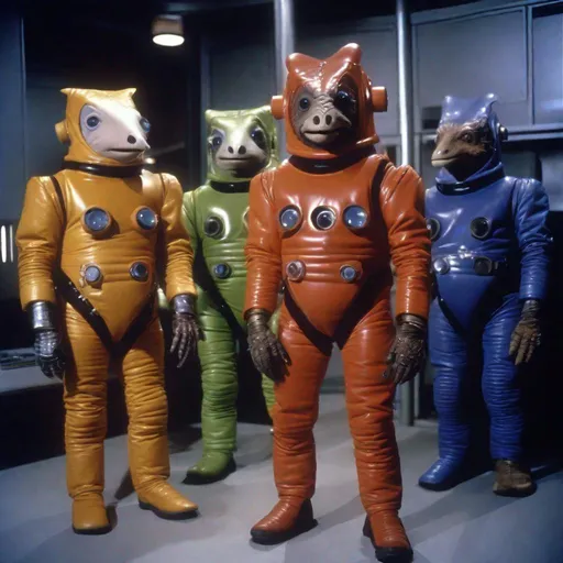 Prompt: 35mm color film still from a 1980 science fiction television series, a group of animals given wearable, biomechanical suits or apparatus that enhances their physical attributes and abilities allowing them talk and handle weapons. Jim Henson