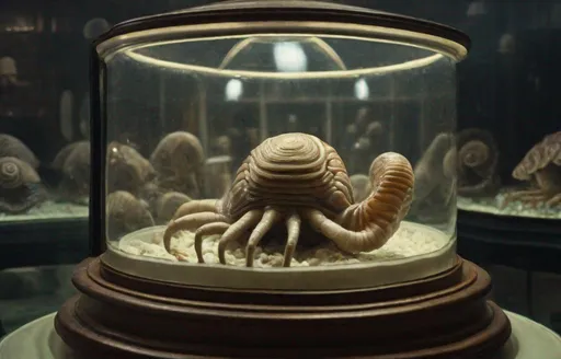 Prompt:  a 1 9 9 0 s candid 3 5 mm photo of giant Gastropoda surrounded by cells floating in a heavy atmosphere in A VICTORIAN TAXIDERMY TABLEAU under a glass dome, photorealistic, ultra-detailed  , photorealistic, ultra-detailed chiaroscuro, scp historical archives. directed by wes anderson and david cronenberg with art direction by zdzisław beksinski and dr. seuss
 