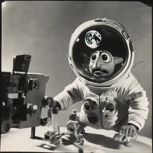 Prompt: a 35mm film still, Rankin Bass stop motion animation, film about NASA