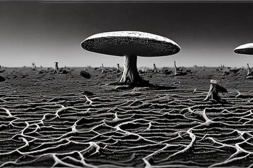 Prompt: beautiful microscopic scientific photo of Kaiju lumbering across across an atmospheric muddy battlefield field of covered in intricate dark fungi mycel strings black and white 
