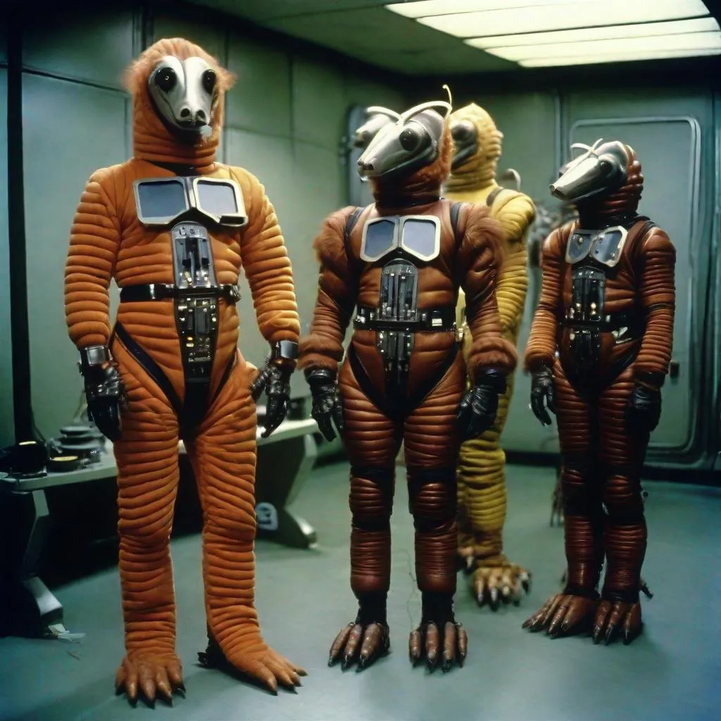 Prompt: 35mm color film still from a 1980 science fiction television series, a group of animals given wearable, biomechanical suits or apparatus that enhances their physical attributes and abilities allowing them talk and handle weapons. Jim Henson