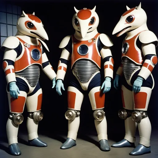 Prompt: 35mm color film still from a 1960 Japanese tokusatsu science fiction television series,  a group of animals given wearable, exoskelet biomechanical suits  that enhances their physical attributes and abilities allowing them talk and handle weapons. Jim Henson and TSUBURAYA style, retrofuturist