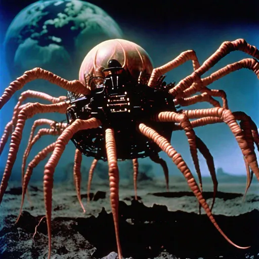 Prompt: 35mm color film still from a 1980 science fiction television series, On the planet Symbion, a genetic experiment gets out of control. The planet is soon transformed into a world with gigantic spiders with the inhabitants taking on insectoid appearances. Prince Dargon, the ruler of the peaceful Shining Realm of Prosperon, led his team against the forces of Empress Devora, ruler of the Dark Domain of Synax. Jim Henson