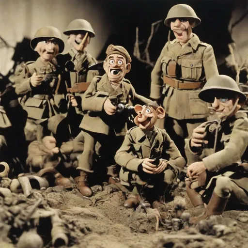 Prompt: a 35mm film still Rankin Bass stop motion animation film about WW1