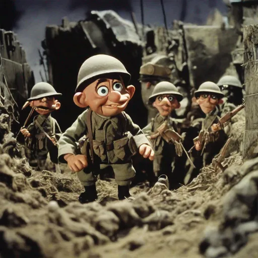 Prompt: a 35mm film still Rankin Bass stop motion animation film about WW1
