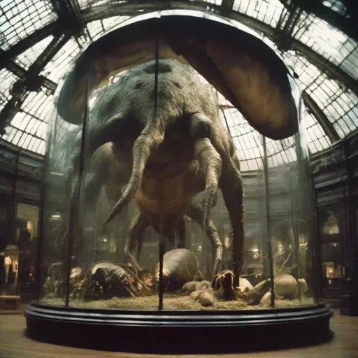 Prompt: scary filmic wide shot angle movie still 35mm film color photograph of autochromatic photograph, grainy polaroid, victorian natural history museum exhibit of giant prehistoric organisms in a heavy atmosphere VICTORIAN TAXIDERMY TABLEAU under a glass dome, photorealistic, ultra-detailed  , photorealistic, ultra-detailed 