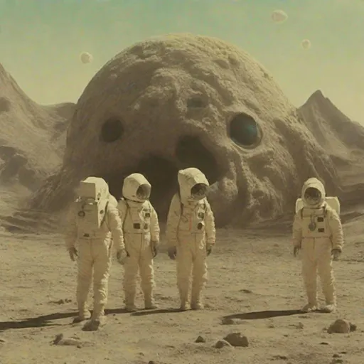 Prompt: Paleontologists on the moon, film still from the movie directed by wes anderson and david cronenberg with art direction by zdzisław beksinski and dr. seuss