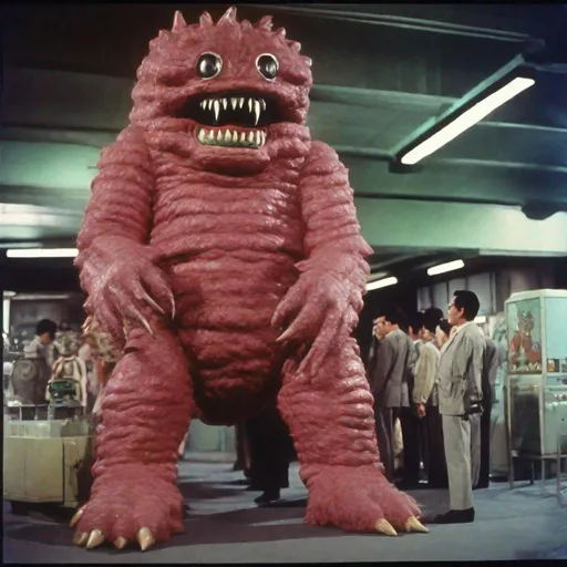 Prompt: 35mm color film still from a 1960 Japanese tokusatsu science fiction television series, a giant friendly monster, Daikaiju, vibrant, TSUBURAYA style, directed by wes anderson and david cronenberg with art direction by Eiji Tsuburaya and Jim Henson