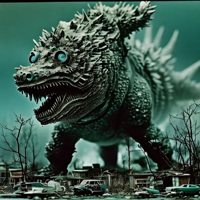 Prompt: Beautiful haunting realistic microscopic photo of  1960’s Japanese Kaiju among detritus, Soviet wave 