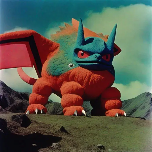 Prompt: 35mm color film still from a 1960 Japanese tokusatsu science fiction television series, a giant Pokemon, Daikaiju, vibrant, TSUBURAYA style, directed by wes anderson and david cronenberg with art direction by zdzisław beksinski and dr. seuss