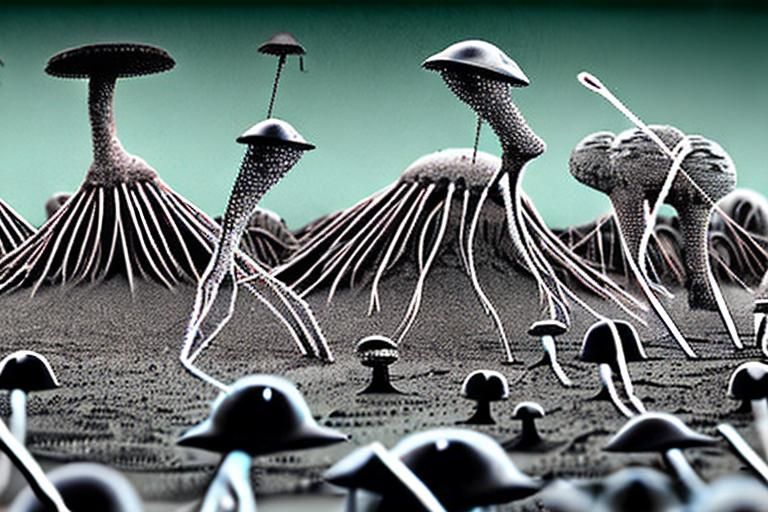 Prompt: beautiful microscopic scientific photo of Toho monsters,lumbering across across an atmospheric muddy battlefield that is covered in dark fungi mycel strings black and white 