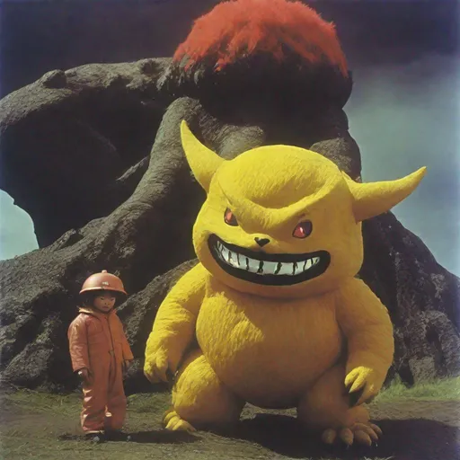 Prompt: 35mm color film still from a 1960 Japanese tokusatsu science fiction television series, a giant Pokemon, Daikaiju, vibrant, TSUBURAYA style, directed by wes anderson and david cronenberg with art direction by zdzisław beksinski and dr. seuss
