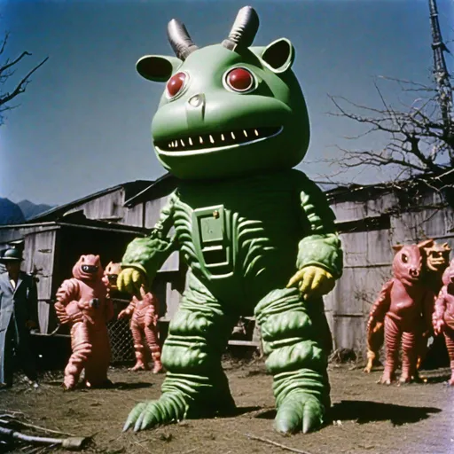 Prompt: 35mm color film still from a 1960 Japanese tokusatsu science fiction television series, farm animals who consumed radioactive materials left over from an abandoned military experiment, mutating them into hyper-intelligent, anthropomorphic paramilitary troops, Daikaiju, vibrant, TSUBURAYA style, directed by wes anderson and david cronenberg with art direction by zdzisław beksinski and dr. seuss