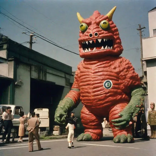 Prompt: 35mm color film still from a 1960 Japanese tokusatsu science fiction television series, a giant friendly monster, Daikaiju, vibrant, TSUBURAYA style, directed by wes anderson and david cronenberg with art direction by Eiji Tsuburaya and Jim Henson