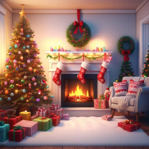 Prompt: (cozy Christmas room), cute decorated ambiance, vibrant colors, sparkling lights, (snow gently falling outside), festive Christmas tree, flickering fireplace glow, colorful stockings hanging, candy canes adorning the room, warm and cheerful atmosphere, high-detail, ultra-detailed, 4K resolution, harmonious holiday spirit, nostalgic decorations, inviting and merry feel.