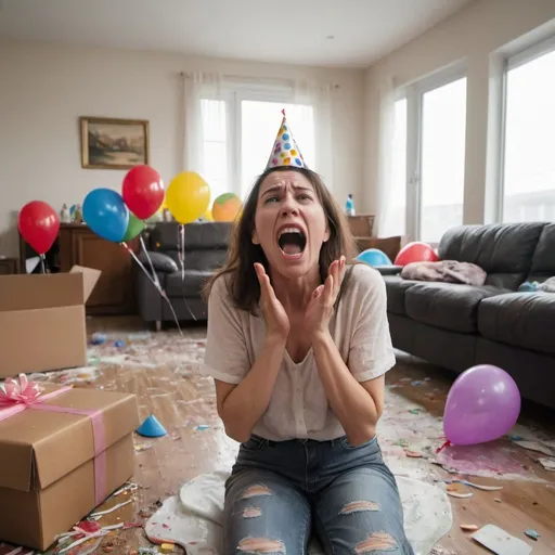 Prompt: A lonely woman celebrates a birthday, but she screams and does not smile in a messy living room