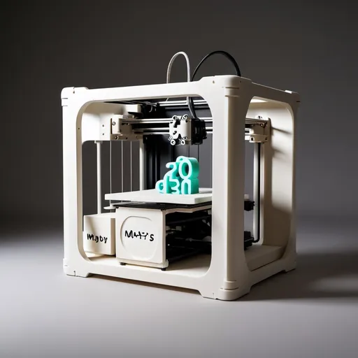 Prompt: I want MayBy's writing to be placed between a number of 3D printers and 3D models
