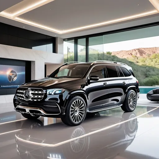 Prompt: A sleek and futuristic 2025 Mercedes-Benz GLS is prominently displayed in a modern and Luxury Villa Interior. The luxurious features a stunning metallic black exterior, more reflections on each part of body of vehicle boasting elegant curves. The windshield is slightly tilted forward, adding a touch of dynamism. In the background, the text '2025 Mercedes-Benz GLS' is written in bold, sleek and stylish font, emphasizing the vehicle's advanced design and cutting-edge innovation.