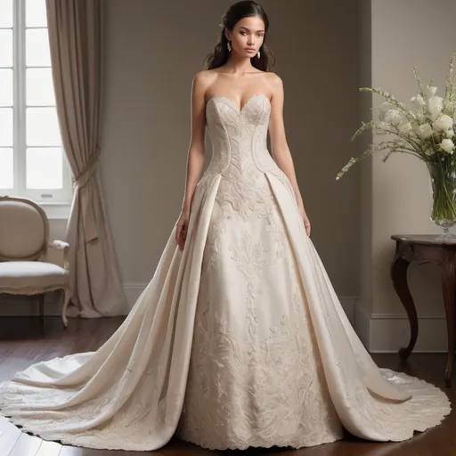 Prompt: A luxurious, finely detailed, and opulent silk wedding gown from the renowned brand Luxory, showcased in a majestic, bright, and airy setting, with soft, creamy lighting that accentuates the intricate textures and folds of the fabric, featuring a classic, strapless design with a sweetheart neckline, a fitted, hourglass silhouette, and a dramatic, full, and flowing train that cascades elegantly down the stairs, with delicate, sparkling embroidery and beading that adds a touch of whimsy and romance, against a subtle, neutral background that allows the gown to take center stage, with the brand's logo and label discreetly showcased on the inner seam or embroidered on the delicate lace trim.