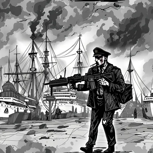 Prompt: A ship captain carrying a bag on his shoulder walking down a sea port with old school, ships and pedestrians. He has a lit cigarette held in his mouth. The drawing has a very smooth, monochrome look. The drawing has a dark, ominous feel to it. He has an assault rifle hqnging back from his right shoulder. A knife is partially seen under her ling coat. The man looks like he's been in battle. His jacket is shredded and used up. His face has dirt and cuts. The drawing is dark but blood is brighter. 