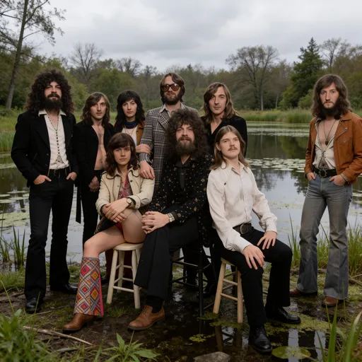 Prompt: Add many ultra-realistic details to this high-resolution photograph. Replace some of the people in image 1 with the bearded men from images 2 & 3, and the rest of the persons should be replace with 1970's female rock groupies. Change the setting to a natural pond on an overcast day.