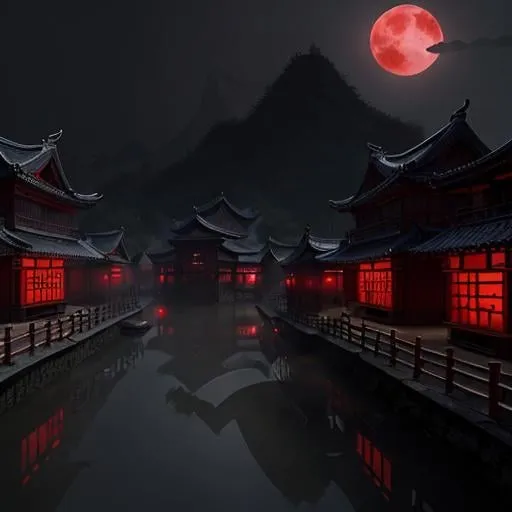 Prompt: Illustrate the village bathed in crimson moonlight, integrating traditional Chinese architectural elements and ominous shadows.