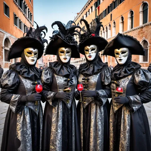 Prompt: venice mask carnival dark impressions 5 people


