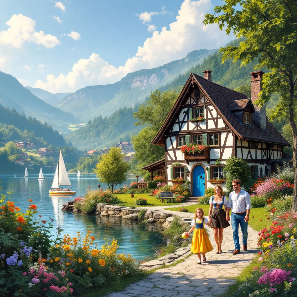 Prompt: a german village with a little lake sunshine and a happy balcanic family
