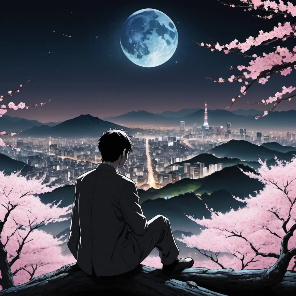 Prompt: a man sitting on the log of one cherry blossom on a hill not too far away from a tokyo likw city a night with stars filling the sky and mountins in the backround and absoltly no much light where he is sitting but more light in the city and the stars anime blade runner style and he is staring at the city and he is in some semi baggy dress clothes and there is no shadows



